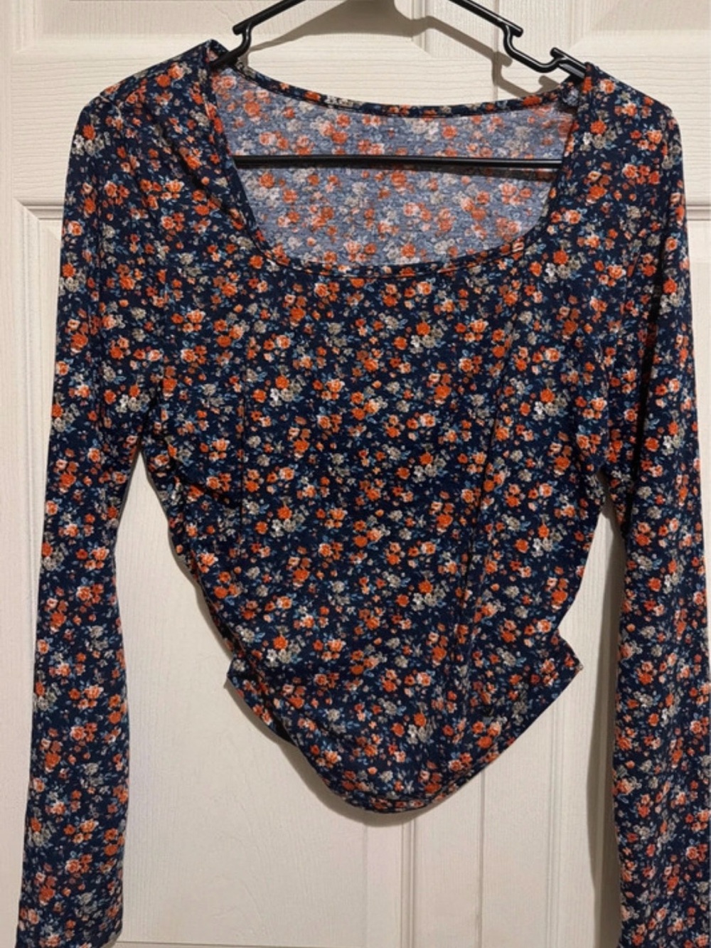 SHEIN Navy Floral Long Sleeve Crop Top with Orange and Light Blue Flowers